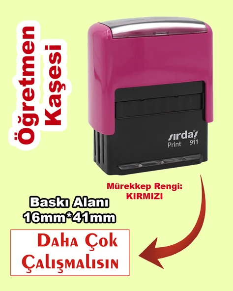Öğretmen Kaşesi - Daha Çok Çalışmalısın, 911 (16mm x 41mm) Kırmızı Keçeli Otomatik Kaşe ürün görseli 1