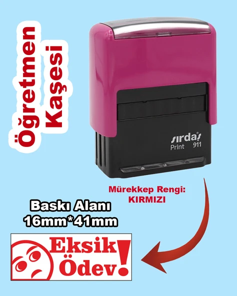Öğretmen Kaşesi - Eksik Ödev, 911 (16mm x 41mm) Kırmızı Keçeli Otomatik Kaşe ürün görseli 1