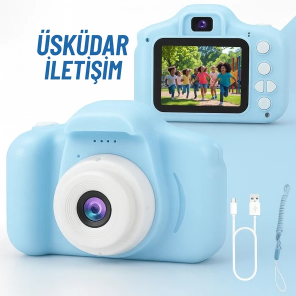 Çocuk Fotoğraf Makinesi  HD Ekranlı, Şarjlı, Hediye Kablo ve Askı Dahil Hediye Setli MAVİ ürün görseli 1