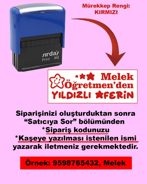 Öğretmen Kaşesi - Yıldızlı Aferin, 912 (51mm x 19mm) Kırmızı Keçeli Otomatik Kaşe ürün görseli 1