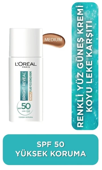 Loreal Paris Bright Reveal SPF 50+ Koyu Leke Karşıtı Fluid Günlük Yüz Güneş Kremi 50 ML - Medium ürün görseli 1