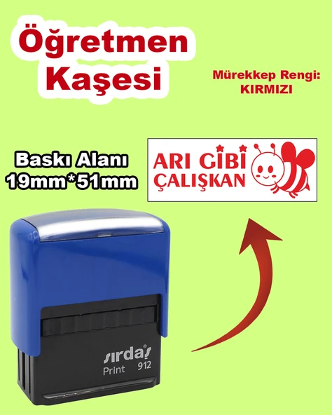 Öğretmen Kaşesi - Arı Gibi Çalışkan, 912 (51mm x 19mm) Kırmızı Keçeli Otomatik Kaşe ürün görseli 1