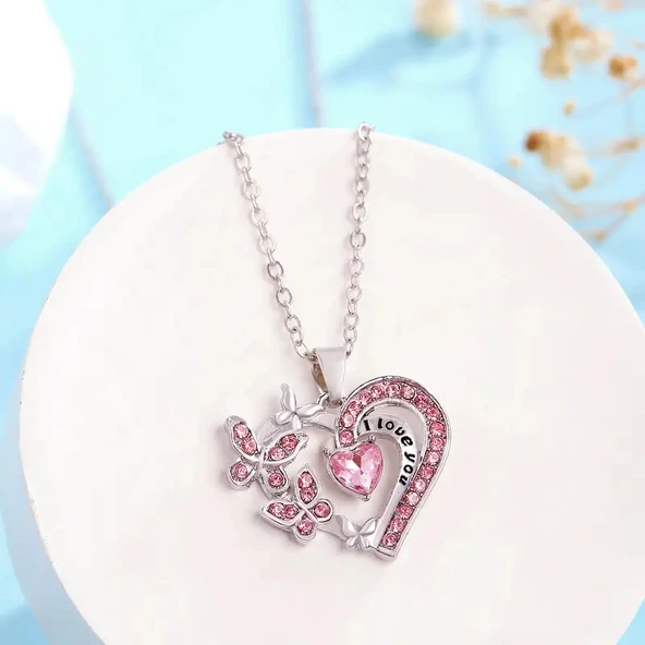 Kadın Kolye Butterfly Heart Kadın Kolye Kalp Kelebek 925 Ayar Gümüş Zincir ürün görseli 1