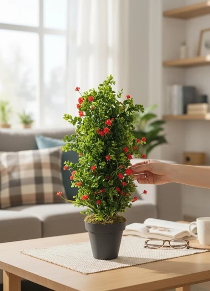 Yapay Çiçek Siyah Saksıda Kırmızı Lotuslu Yeşil Şimşir Ağacı 70*30cm ürün görseli 1