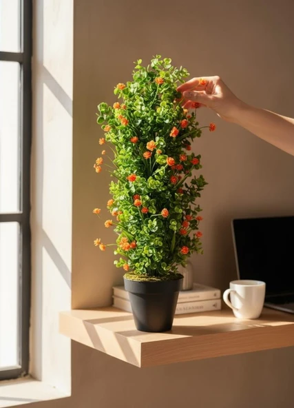 Yapay Çiçek Siyah Saksıda Turuncu Lotuslu Yeşil Şimşir Ağacı 70*30cm ürün görseli 1