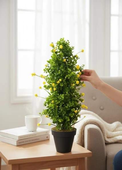 Yapay Çiçek Siyah Saksıda Sarı Lotuslu Yeşil Şimşir Ağacı 70*30cm ürün görseli 1
