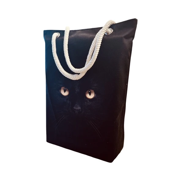 Kadın Kanvas Plaj ve Alışveriş Çantası - Siyah Kedi Desen ürün görseli 1