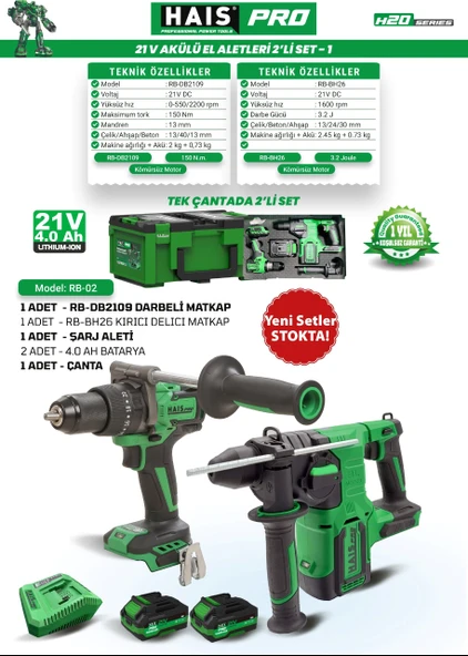 HaisPro Akülü Set - 2'li Profesyonel 21V Akülü Set + 2X4 Ah Çift Akü - RB-02 ürün görseli 1