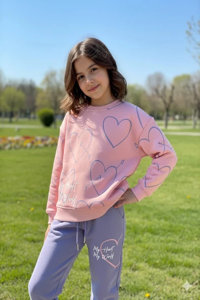 Kalp Desenli Pembe Renk 3 İplik Kız Çocuk Takım ürün görseli 1