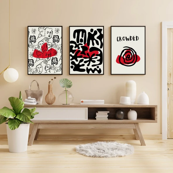 Kırmızı Siyah Kalabalık Duvar Tablosu Çerçeveli 3'lü Set Siyah Renk 35 x 50 Boyut/Ebat ürün görseli 1