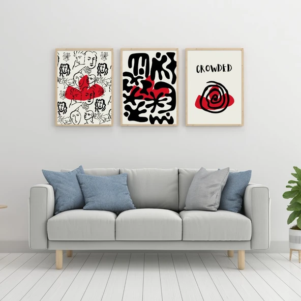 Kırmızı Siyah Kalabalık Duvar Tablosu Çerçeveli 3'lü Set Ahşap Renk 35 x 50 Boyut/Ebat ürün görseli 1