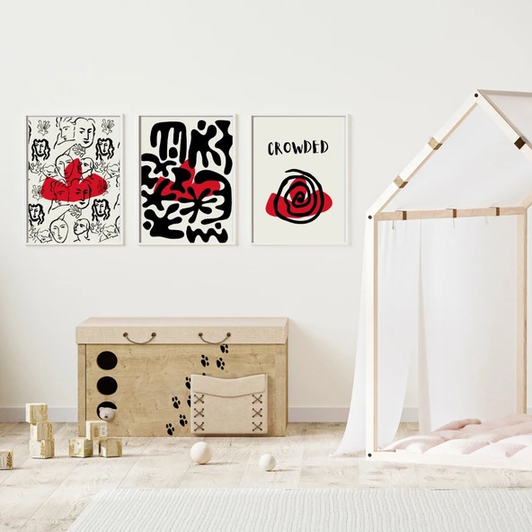 Kırmızı Siyah Kalabalık Duvar Tablosu Çerçeveli 3'lü Set Beyaz Renk 35 x 50 Boyut/Ebat ürün görseli 1