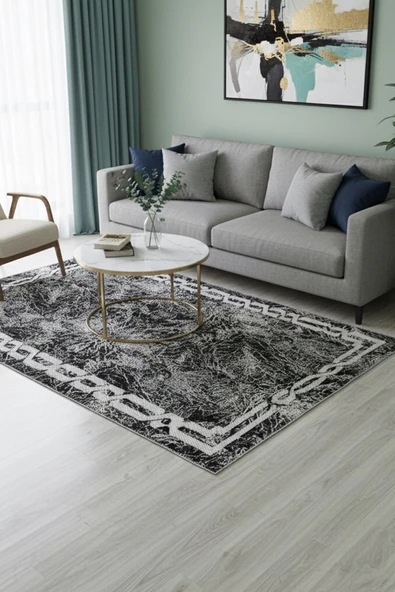 Kilim Savan Çift Taraflı Modern Desenli Yıkanabilir 1. Kalite 2x3 Metre Siyah-Beyaz ürün görseli 1
