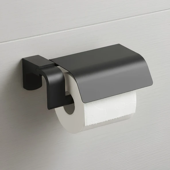 Mat Siyah Kapaklı Paslanmaz Lüks Tuvalet Kağıtlığı Vida ve Dübel Seti Dahil WC Tuvalet Kağıtlığı ürün görseli 1