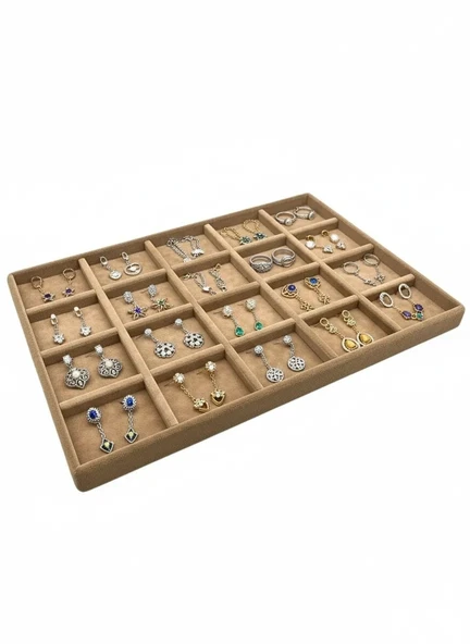 Üsküp Model Süet Kumaş Sütlü Kahve Renkli 34/24 cm 20 Bölmeli Takı Sergileme Tablası ürün görseli 1