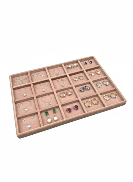Üsküp Model Süet Kumaş Pembe Renkli 34/24 cm 20 Bölmeli Takı Sergileme Tablası ürün görseli 1