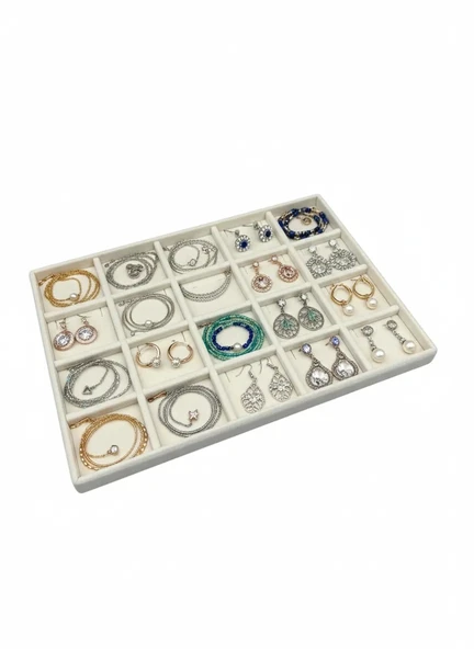 Üsküp Model Süet Kumaş Krem Renk 34/24 cm 20 Bölmeli Takı Standı ürün görseli 1