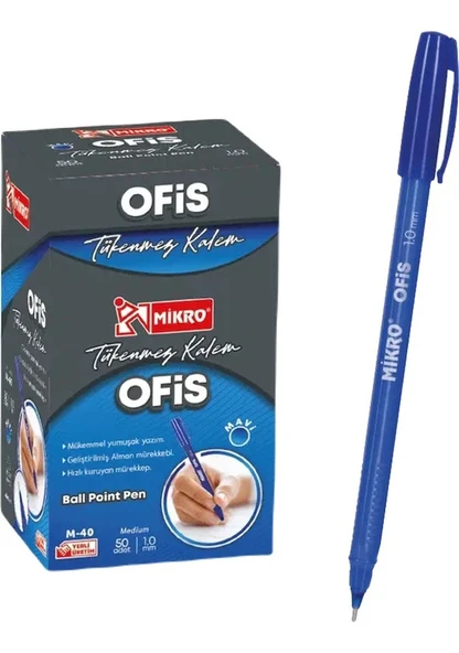Mikro Mavi Ofis Tipi Tükenmez Kalem 50 Adet Ball Pointpen Mavi ürün görseli 1