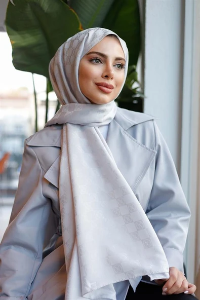 Dama Desen Şal Gümüş Gri - Resim 3