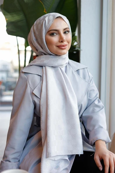 Dama Desen Şal Gümüş Gri - Resim 4