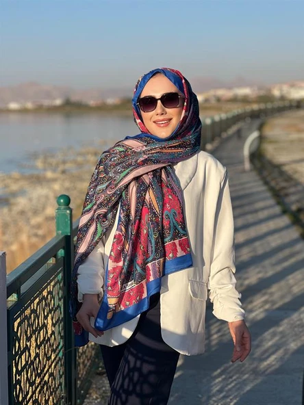 Etnik Desen Queen Şal Saks Mavi - Resim 2