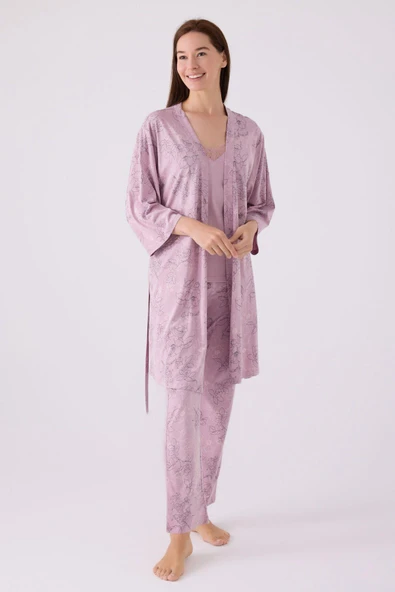 Pierre Cardin Kadın Sabahlıklı Uzun Kol İp Askılı Dantelli 3'lü Pijama Takım ürün görseli 1