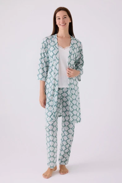 Pierre Cardin Kadın Sabahlıklı Uzun Kol İp Askılı V Yaka 3'lü Pijama Takım ürün görseli 1