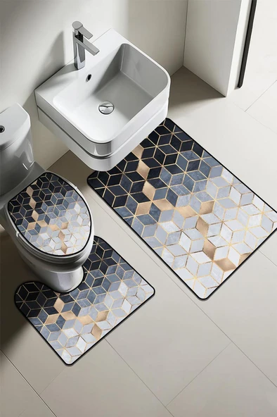 Modern Desenli Dijital Baskı 3’lü Banyo Paspas Takımı Yıkanabilir Kaymaz Tabanlı Klozet Takımı KLZ0061 RENKLİ 60 X 90 ürün görseli 1