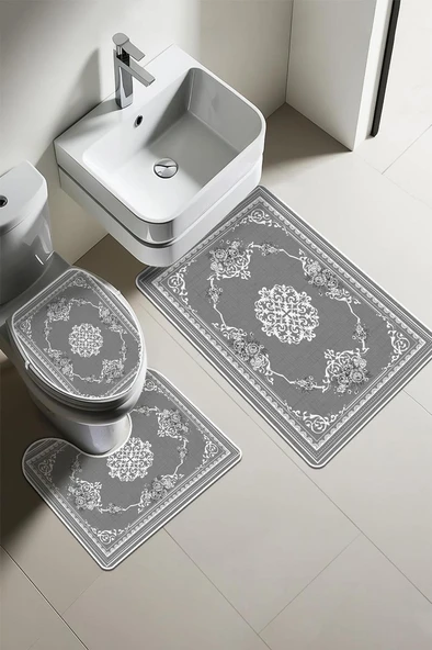 Modern Desenli Dijital Baskı 3’lü Banyo Paspas Takımı Yıkanabilir Kaymaz Tabanlı Klozet Takımı KLZ0057 RENKLİ 60 X 90 ürün görseli 1