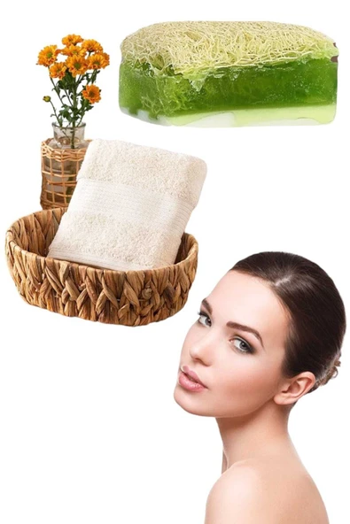 2li Set Doğal Kabak Lifli Keçi Sütü Aloevera Sabun El Yüz Kurulama Havlu ürün görseli 1