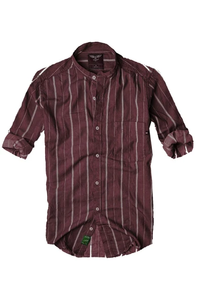 Slim Fit %100 Pamuk Kumaş Hakim Yaka Uzun Kol Gömlek--bordo Çizgili-- ürün görseli 1
