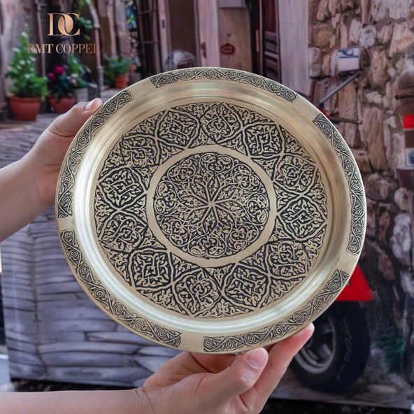 DMT Gaziantep Sarı Bakır 25 cm Osmanlı El İşi Sunum Gold tepsi Kına tepsisi 25 cm ürün görseli 1