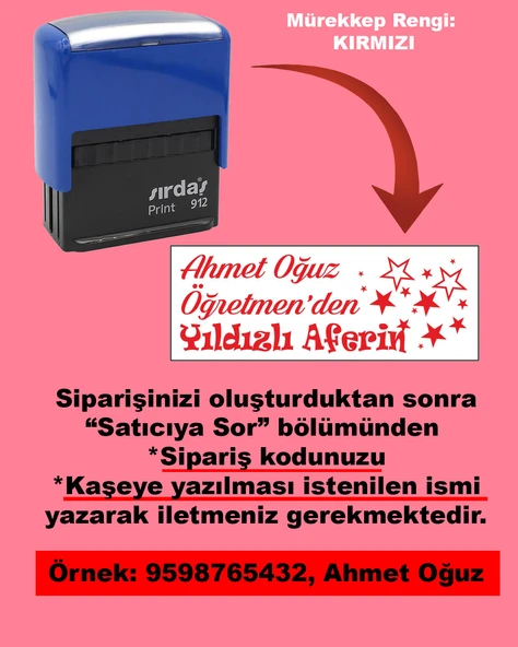 Öğretmen Kaşesi - Öğretmen'den Yıldızlı Aferin, 912 (51mmx19mm) Kırmızı Keçeli Otomatik Kaşe ürün görseli 1