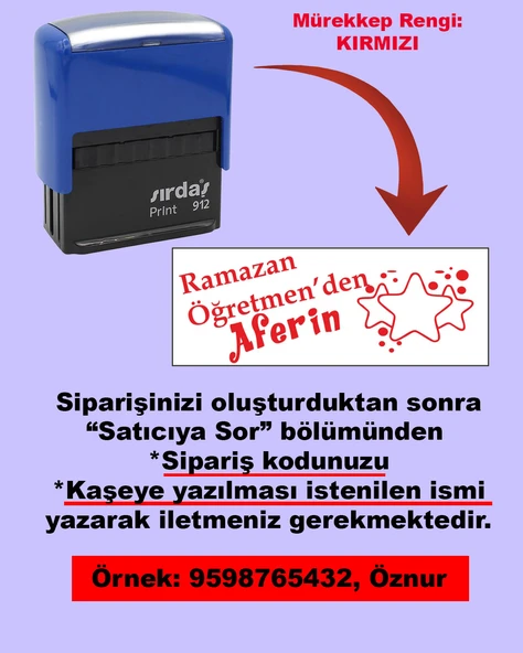 Öğretmen Kaşesi - Öğretmen'den Aferin, 912 (51mm x 19mm) Kırmızı Keçeli Otomatik Kaşe ürün görseli 1