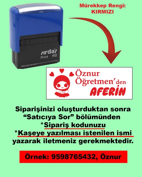 Öğretmen Kaşesi - Aferin, 912 (51mm x 19mm) Kırmızı Keçeli Otomatik Kaşe ürün görseli 1