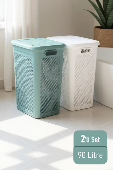 İronika Slim İki Bölmeli Kapaklı Dekoratif Kirli Çamaşır Sepeti 90 Litre Yeşil - Beyaz ürün görseli 1