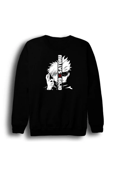 fame-stoned Jujutsu Kaisen Satoru Gojo Anime Baskılı Unisex %100 Pamuk Bisiklet Yaka Siyah Sweatshirt ürün görseli 1