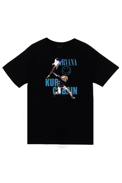 fame-stoned Nirvana - Kurt Cobain Baskılı Unisex %100 Pamuk Siyah T-shirt ürün görseli 1