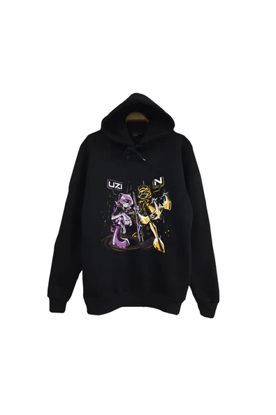 fame-stoned Murder Drones Baskılı Unisex %100 Pamuk Kapüşonlu Siyah Sweatshirt ürün görseli 1