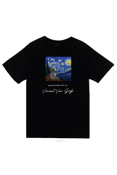 fame-stoned Vincent Van Gogh Baskılı Unisex %100 Pamuk Siyah T-shirt ürün görseli 1