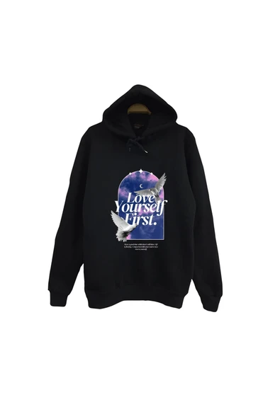 fame-stoned Love Yourself First - Kuş - Gökyüzü - Ay Baskılı Unisex %100 Pamuk Siyah Kapüşonlu Sweatshirt ürün görseli 1