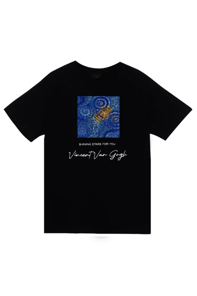 fame-stoned Vincent Van Gogh Baskılı Unisex %100 Pamuk Siyah T-shirt ürün görseli 1
