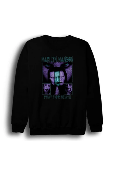 fame-stoned Marilyn Manson Baskılı Unisex %100 Pamuk Bisiklet Yaka Siyah Sweatshirt ürün görseli 1