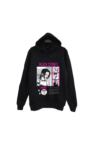 fame-stoned Black Stones Nana Baskılı Unisex %100 Pamuk Kapüşonlu Siyah Sweatshirt ürün görseli 1