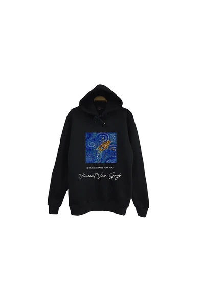 fame-stoned Vincent Van Gogh Baskılı Unisex %100 Pamuk Siyah Kapüşonlu Sweatshirt ürün görseli 1
