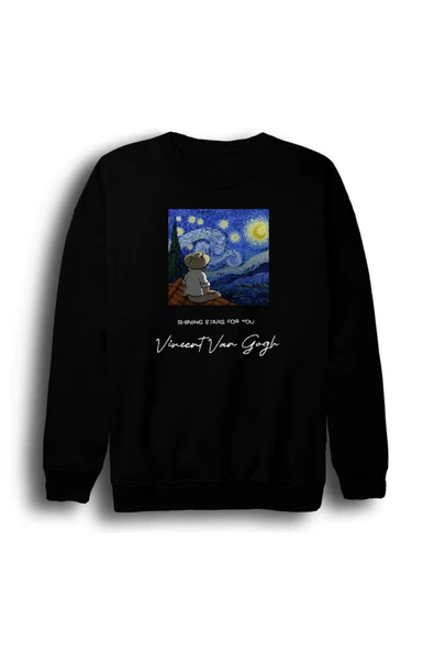 fame-stoned Vincent Van Gogh Baskılı Unisex %100 Pamuk Siyah Bisiklet Yaka Sweatshirt ürün görseli 1