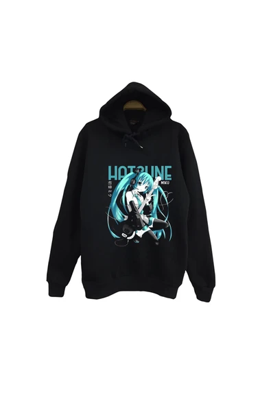 fame-stoned Hatsune Miku Anime Baskılı Unisex %100 Pamuk Siyah Kapüşonlu Sweatshirt ürün görseli 1