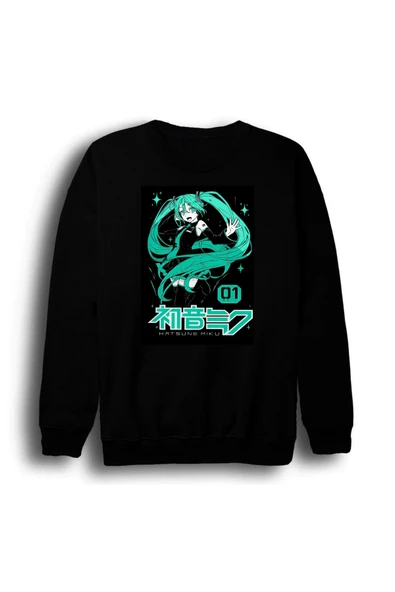 fame-stoned Hatsune Miku Anime Baskılı Unisex %100 Pamuk Siyah Bisiklet Yaka Sweatshirt ürün görseli 1