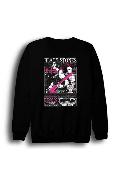 fame-stoned Black Stones Nana Baskılı Unisex %100 Pamuk Bisiklet Yaka Siyah Sweatshirt ürün görseli 1
