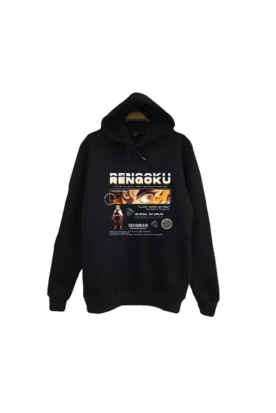fame-stoned Demon Slayer Kyojuro Rengoku Baskılı Unisex %100 Pamuk Kapüşonlu Siyah Sweatshirt ürün görseli 1